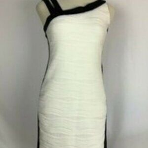 Valerie Bertinelli Ivory Black Side Pannel Bodycon Grecian Stretch Dress Sz. 12